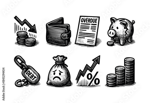 A collection of hand-drawn woodcut style icons representing various financial and economic concepts, including debt, savings, market trends, and overdue payments — stock vector.