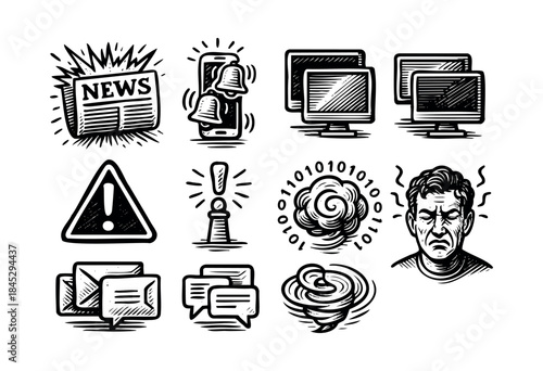 A collection of hand-drawn, black-and-white icons illustrating concepts of news, digital communication, warnings, data, and stress in a classic monochrome style — stock illustration.