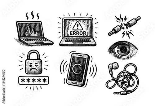 A hand drawn collection of icons representing technology issues like overheating laptop, broken cable, and digital security threats.