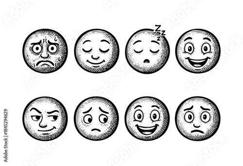 A collection of eight hand-drawn, retro-style emoticons depicting various human emotions such as happiness, sadness, sleep, and surprise in a classic woodcut aesthetic — stock vector.