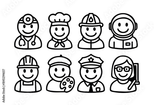 A collection of eight cheerful, hand-drawn doodle icons representing various occupations such as doctor, chef, and astronaut, each with a smiling face. — stock vector.