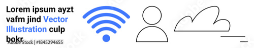 Technology, networking, digital services, connectivity symbols, online access, communication. Blue wireless bars, user silhouette and outlined cloud. Connectivity and digital services conceptual