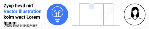 Innovation, creativity, technology, professional identity, structural design, user interface. Blue lightbulb icon, minimalistic box design female profile symbol. Innovation and creativity