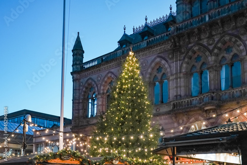 Chester city centre in the blue hour before chirstmas