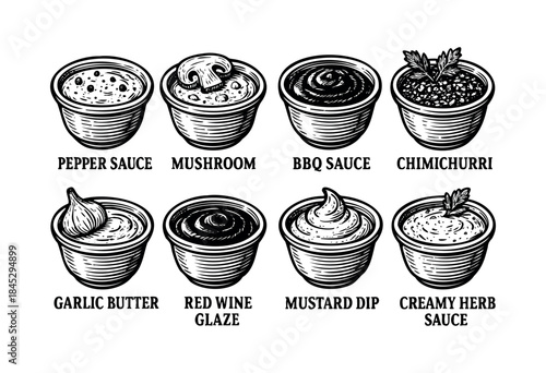 An illustrative set of various culinary sauces and dips, depicted in a detailed monochrome woodcut style, perfect for food-related designs — stock vector.