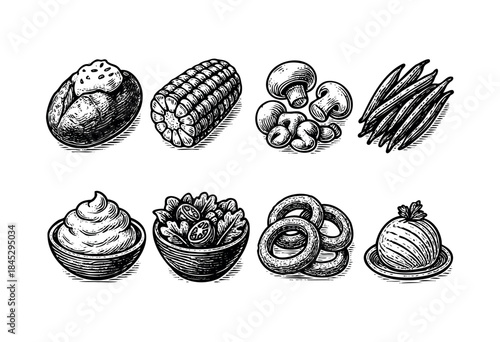 A collection of various hand-drawn food items in a detailed engraving style, including baked potato, corn, mushrooms, green beans, salad, sour cream, onion rings, and mashed potatoes — stock vector.