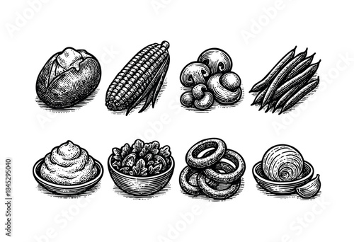 A collection of various hand-drawn food items in a detailed engraving style, including baked potato, corn, mushrooms, green beans, salad, sour cream, onion rings, and mashed potatoes — stock vector.
