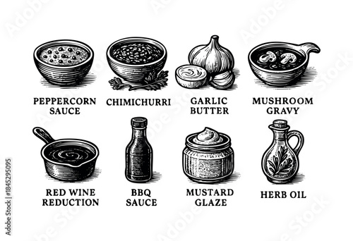 A collection of eight different culinary sauces, gravies, and oils illustrated in a vintage etching style against a white background.