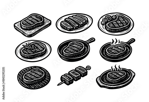 A collection of hand-drawn, vintage-style vector illustrations featuring various grilled meats like steaks and kebabs, perfect for restaurant menus or barbecue themes — stock vector.