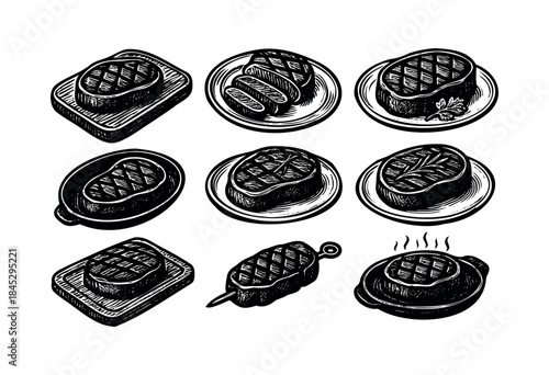 A collection of hand-drawn black and white illustrations depicting various grilled meat cuts, including steaks on plates, a cutting board, a skewer, and a sizzling skillet — stock vector.