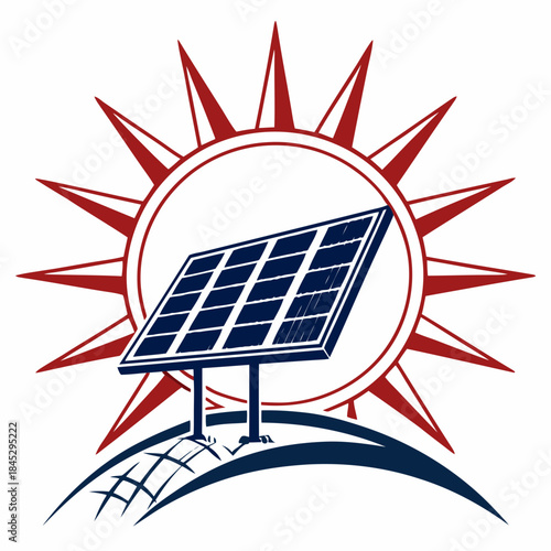 Stylized solar energy logo depicting a panel with a vibrant sun background