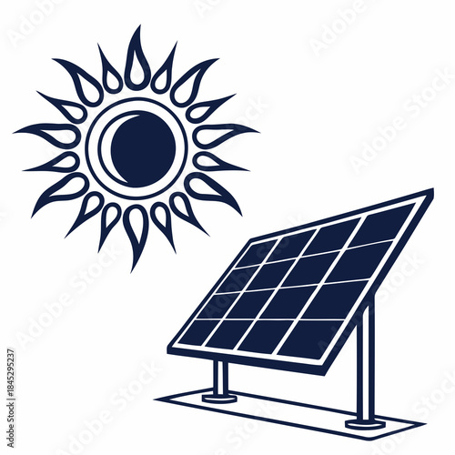 A clean and modern illustration of a solar panel receiving energy from the sun on a white background