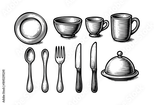 A detailed black and white illustration of various kitchenware and dining utensils, including plates, bowls, mugs, cutlery, and a food cloche, in a vintage woodcut style — stock vector.