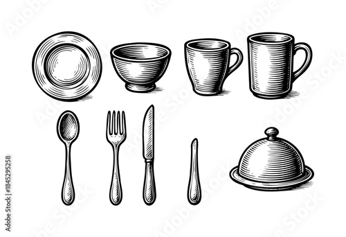 A detailed black and white illustration of various kitchenware and dining utensils, including plates, bowls, mugs, cutlery, and a food cloche, in a vintage woodcut style — stock vector.