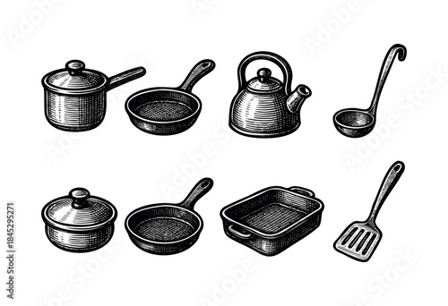 A collection of various kitchen utensils and cookware, rendered in a detailed hand-drawn engraving or woodcut style against a white background — stock illustration.