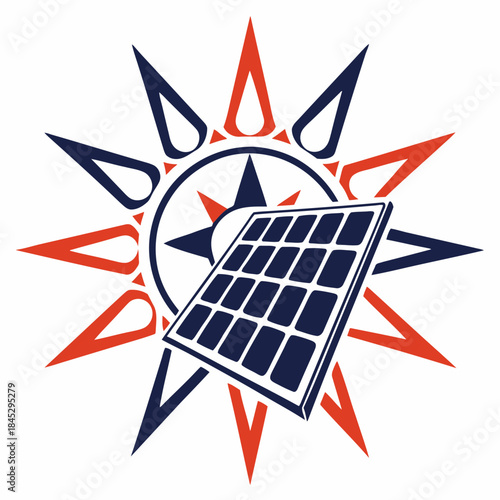 A conceptual illustration combining a solar panel with a guiding compass star and sun symbol