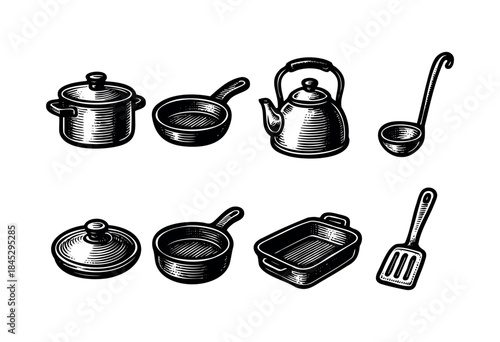 A collection of classic kitchen cookware and utensils depicted in a detailed, black and white woodcut engraving style — stock vector.