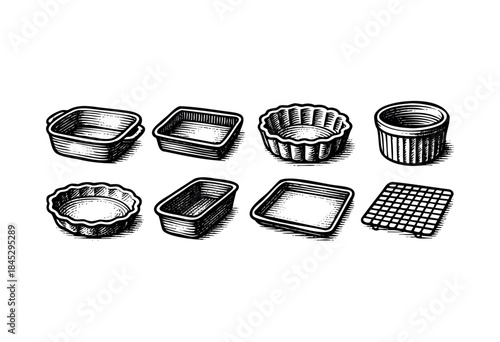 A variety of classic kitchen bakeware items, including baking pans, tart molds, loaf pans, casserole dishes, and a cooling rack, all rendered in a detailed hand-drawn engraving style — stock vector.