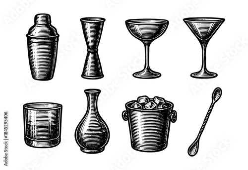 A collection of essential bar tools and elegant cocktail glassware rendered in a detailed vintage engraving style, perfect for classic bar and drink designs — stock vector.
