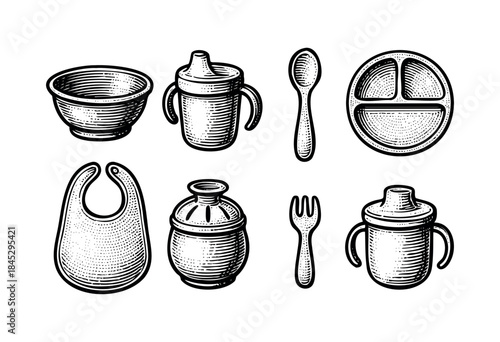 A collection of essential baby feeding items including a bowl, sippy cups, spoon, fork, partitioned plate, and bib, rendered in a vintage engraving style on a white background — stock vector.