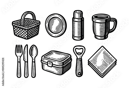 A black and white vector collection of essential items for a picnic or outdoor meal, featuring a basket, cutlery, thermos, and more, in a classic hand-drawn style — stock vector.