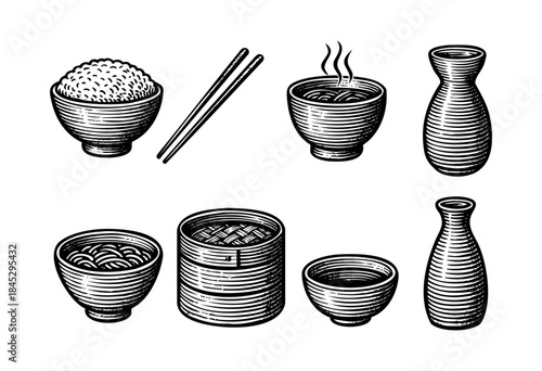 A collection of traditional Asian dining items including rice, noodles, dim sum, chopsticks, and sake, rendered in a classic woodcut style — stock vector.