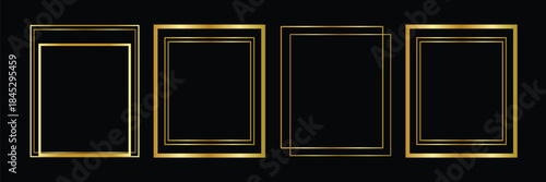 Thin golden frame set. Gold geometric border collection in art deco style. Thin linear shining rectangular shape bundle. Brass glowing shiny boarder element pack for photo, cadre, poster, card.