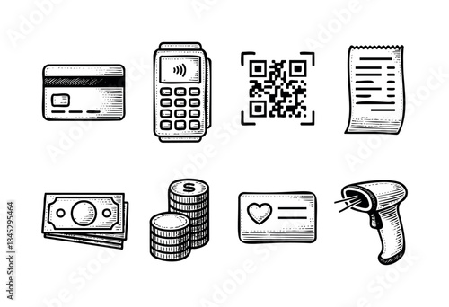 A collection of hand-drawn icons representing various payment methods and retail transaction elements like credit cards, POS terminals, cash, QR codes, and receipts — stock vector.