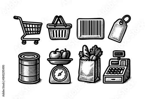 A collection of black-and-white, hand-drawn style vector icons depicting essential grocery shopping and retail elements such as a shopping cart, cash register, and barcode scanner — stock vector.