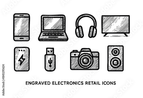 A set of various modern electronic devices and gadgets depicted in a detailed hand-drawn, sketch style — stock vector.