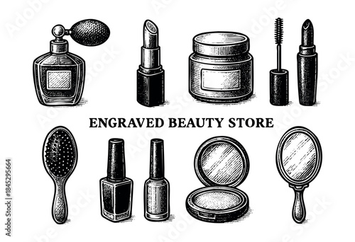 An illustrative set of vintage-style beauty products and accessories rendered with a detailed engraving technique. — stock vector.