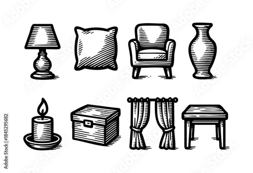 A collection of hand-drawn vintage-style illustrations featuring various household furniture and decor elements such as a lamp, armchair, vase, and curtains in monochrome — stock vector.