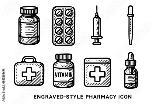 A collection of hand-drawn, engraved-style icons representing various pharmacy and medical supplies like bottles, pills, syringes, and first aid kits — stock vector.