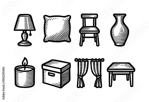 A collection of common household items and home decor essentials rendered in a classic hand-drawn, black and white etched style, perfect for various design projects — stock vector.