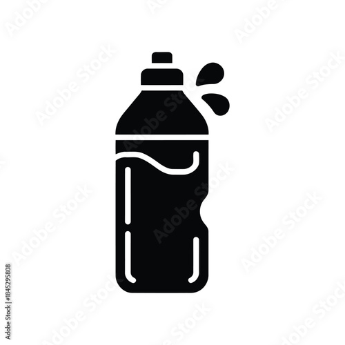 Black and white icon of a water bottle with droplets