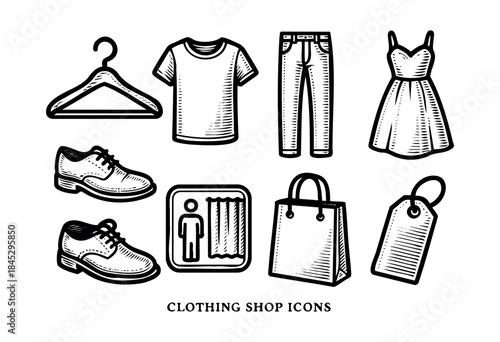 A versatile set of hand-drawn line art icons representing essential clothing, accessories, and retail shopping elements on a white background — stock vector.