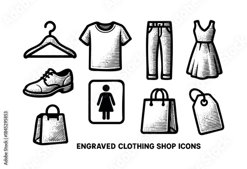 A set of black and white engraved-style icons featuring various clothing shop elements like apparel, footwear, hangers, shopping bags, and price tags — stock vector.