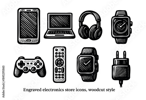A collection of common consumer electronic devices and accessories, including a smartphone, laptop, headphones, and smartwatch, rendered in a vintage woodcut engraving style — stock vector.
