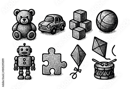 A collection of classic children's toys, including a teddy bear, car, blocks, ball, robot, puzzle, kite, and drum, rendered in a striking woodcut style on a white background — stock vector.