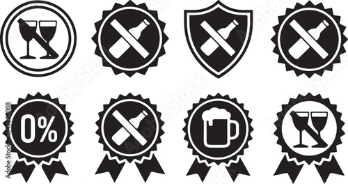 Eight black and white icons representing alcohol prohibition and consumption symbols no alcohol beer