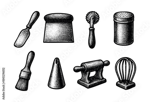 A set of essential kitchen and pastry tools, hand-drawn in a vintage engraved style, perfect for bakery or cooking-related designs — stock illustration.