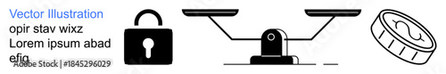 Cybersecurity, financial stability, legal balance, decision-making, trust management, economic concepts. A lock, scales and coin icons arranged in a minimalist style. Cybersecurity and financial