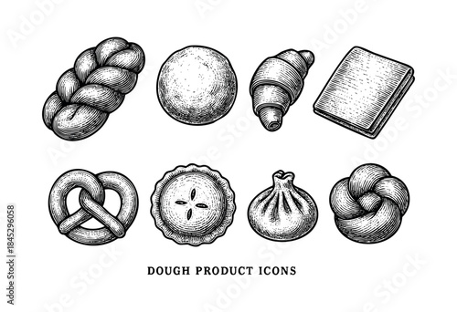 A comprehensive set of artisan dough product icons featuring various breads, pastries, and savory items, all rendered in a classic hand-drawn engraving style — stock vector.