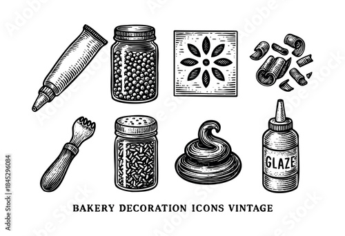 A collection of vintage hand-drawn bakery decorating tools and ingredients, including sprinkles, glaze, icing, and a decorating comb, in an engraved style — stock vector.