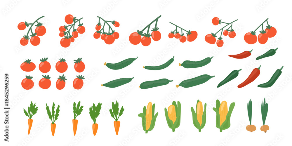Fototapeta premium Doodle Hand Drawn Vegetable Icon Bundle. Tomato, Pepper, Cucumber, Onion, Carrot and Corn Icon. Funny Cartoon Vegetable Food Drawn Element. Seasonal Farm Market Harvest Theme. Vibrant Vegetarian Food 
