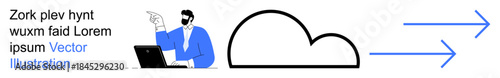 Cloud storage, teamwork, data sharing, remote work, technology, innovation. Business person at desk with cloud and arrows. Cloud storage and teamwork concept visually