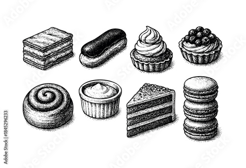 A collection of hand-drawn vintage-style desserts and pastries, including macarons, eclairs, cakes, and cupcakes in a black and white engraving style — stock vector.