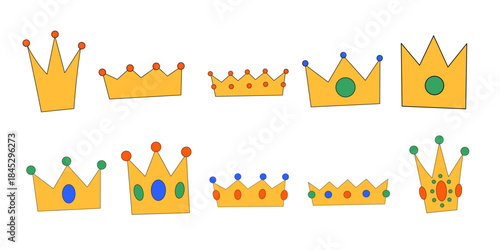Cartoon Crown Collection. Royal Vibrant Funny Symbol. Childish Hand Drawn Element Bundle. Birthday Party Greeting Card Decoration.