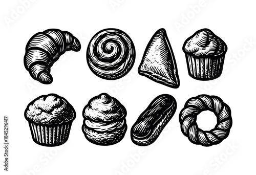 A collection of various classic pastries and baked goods rendered in a detailed vintage woodcut style, isolated on white background — stock vector.