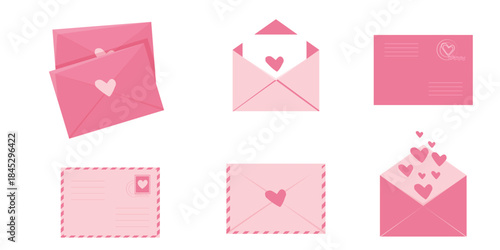 Envelope Love letters with hearts, cute pink romantic mail with stamp, airmail, postcard. Wedding and Valentine Day Decoration design elements.